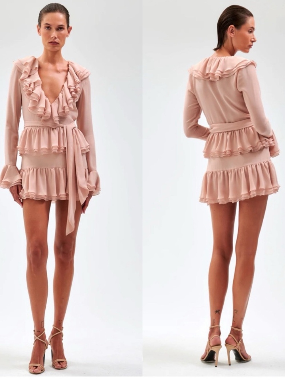 Ronny Kobo Blush Pink Ruffle V-Neck Long-Sleeve Dress - NEVER WORN
